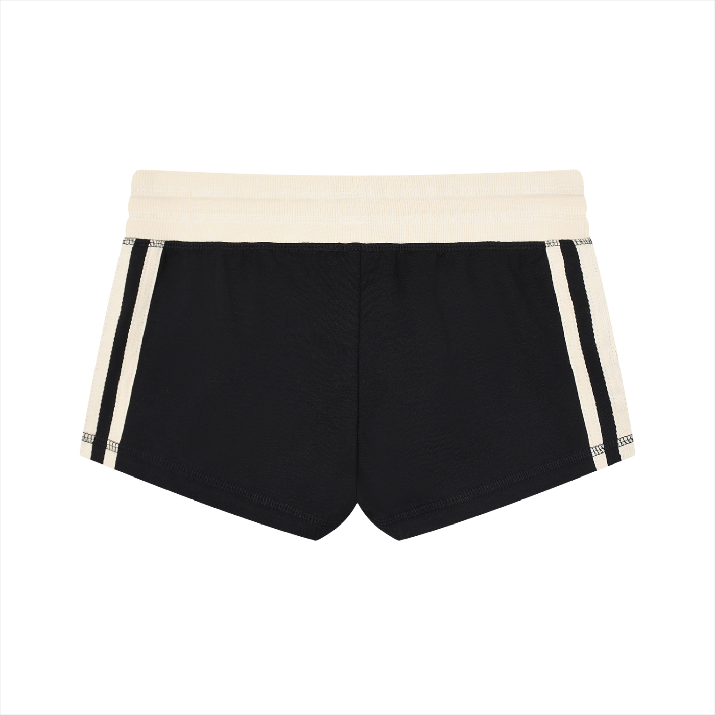 Black shorts with white waistband and side stripes on a white background