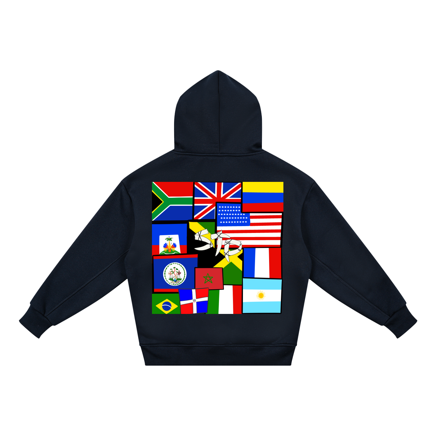 Black hoodie with colorful flags on the back against a white background