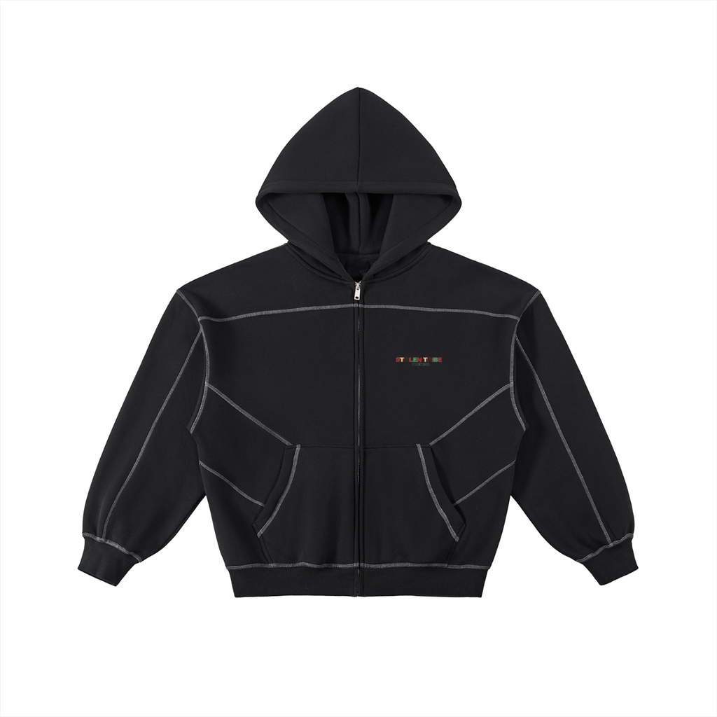Black hoodie with a brand logo on a white background