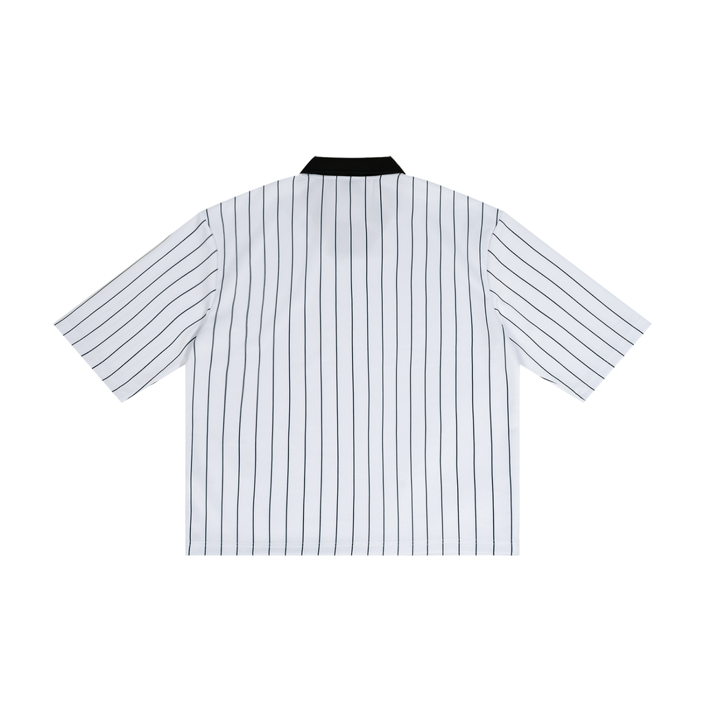 Baseball jersey with black and white pinstripes on a white background