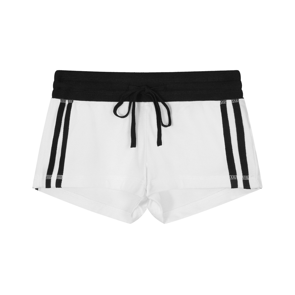 White shorts with black drawstring and side stripes on a white background