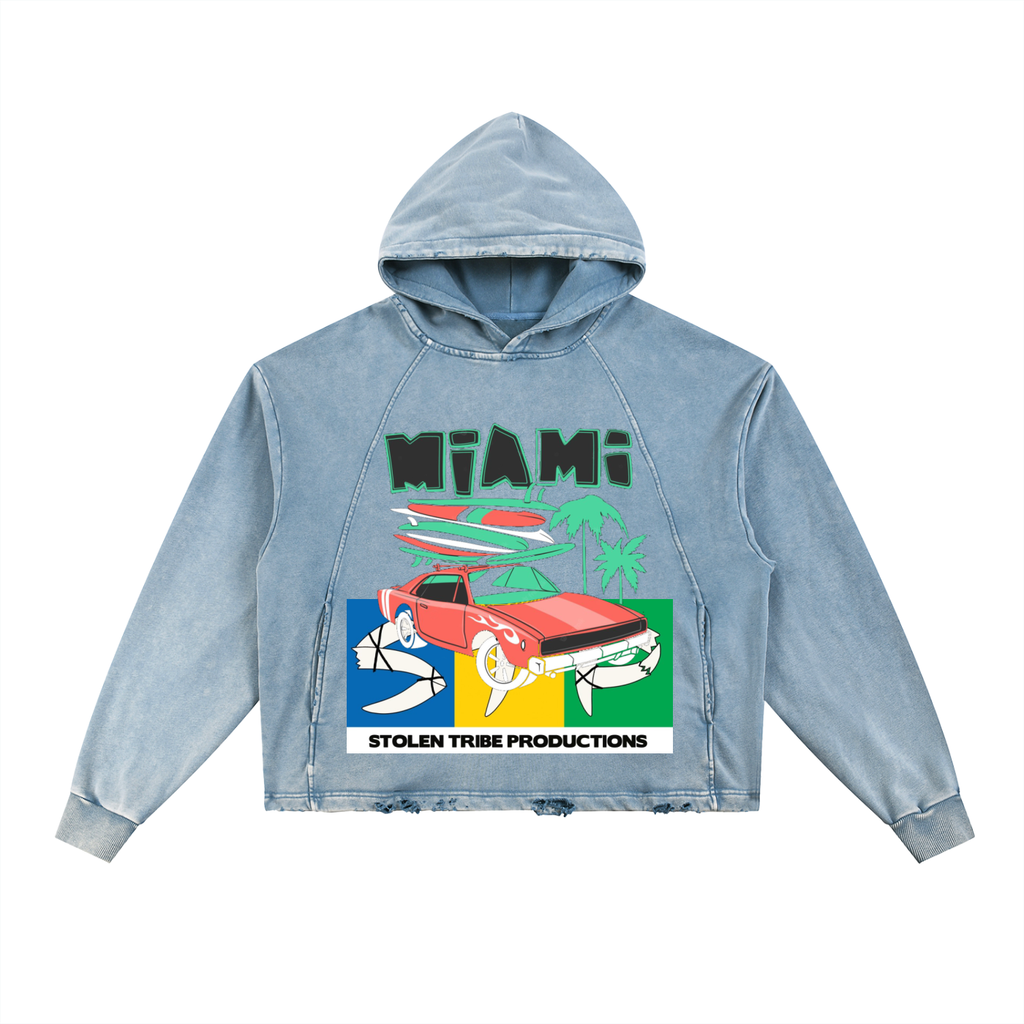 Light Blue hoodie with 'Miami' and surfboard car graphic on a white background