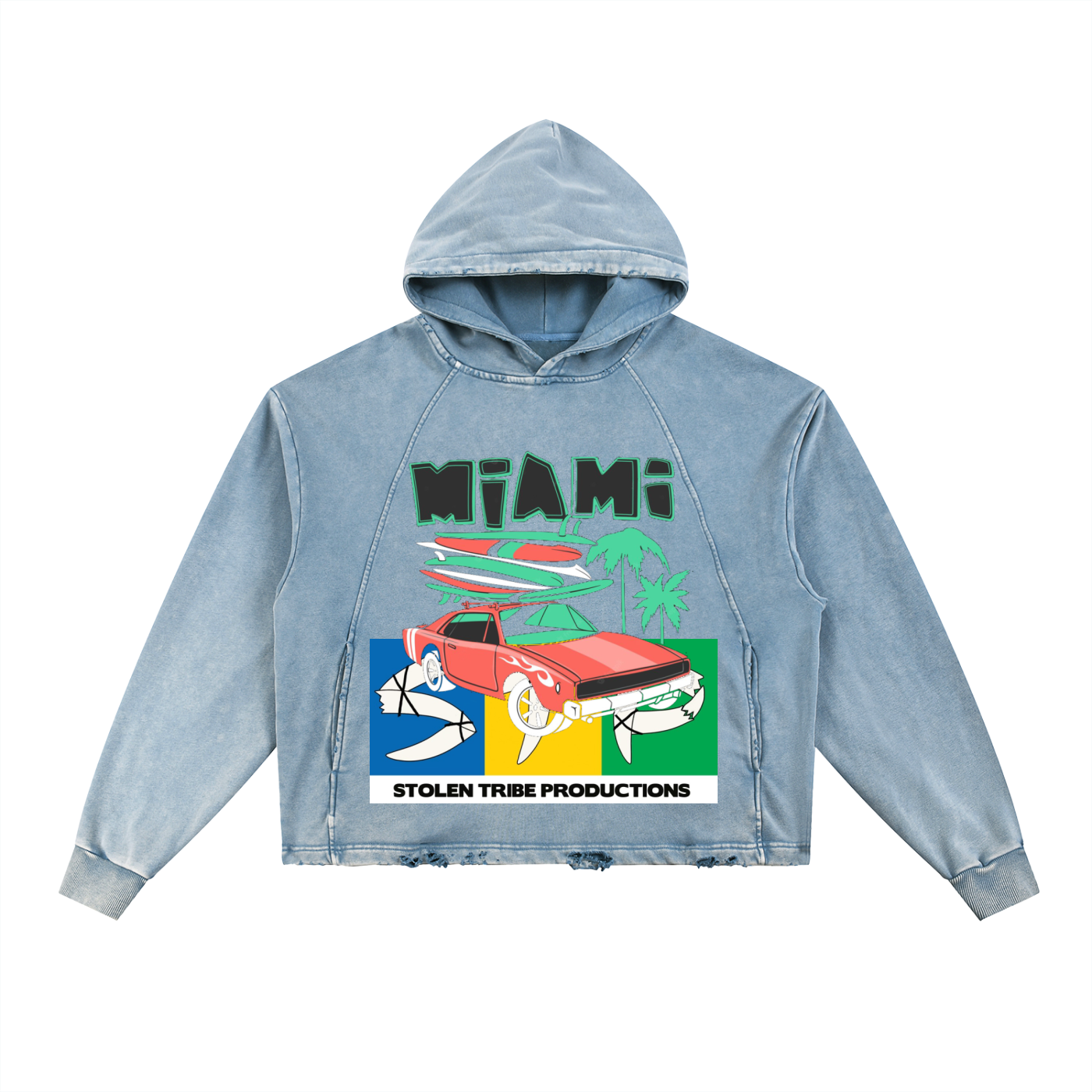 Light Blue hoodie with 'Miami' and surfboard car graphic on a white background