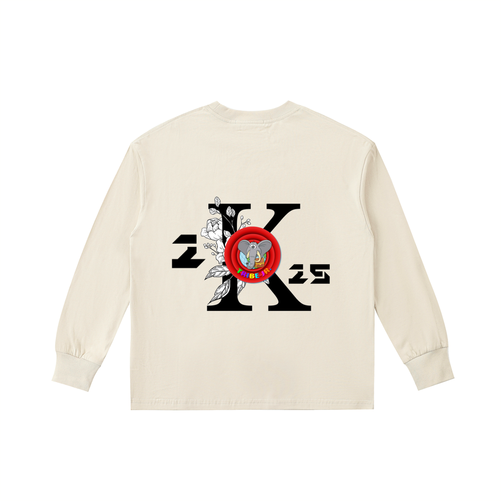 Beige long-sleeve shirt with a decorative design on the back against a white background
