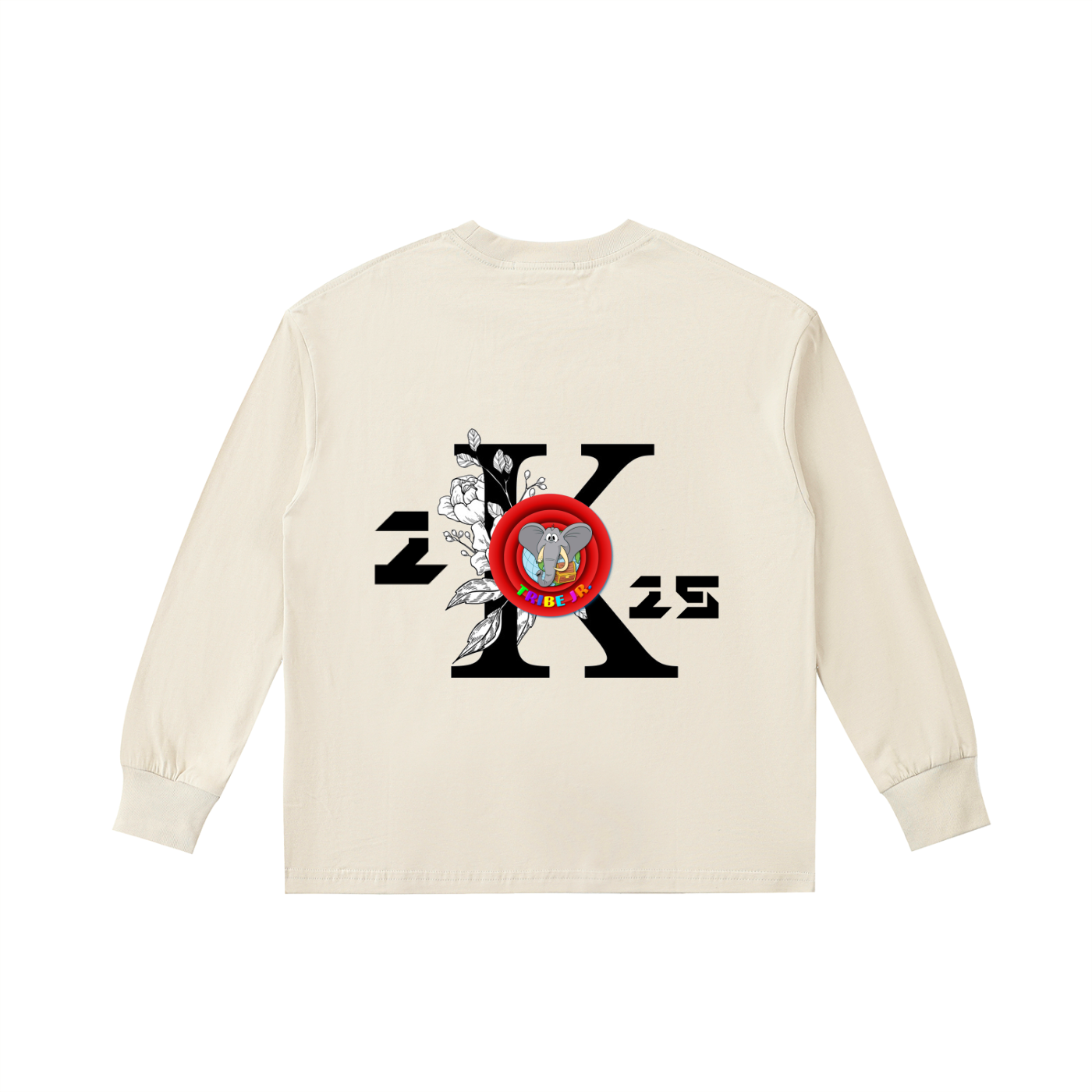 Beige long-sleeve shirt with a decorative design on the back against a white background