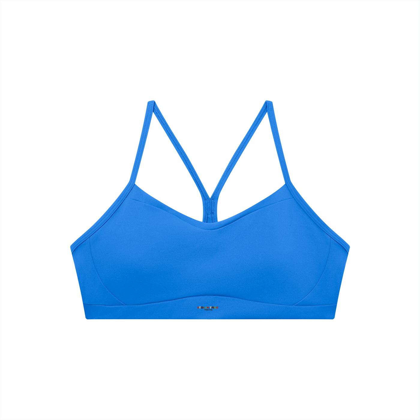 Blue sports bra with thin straps on a white background