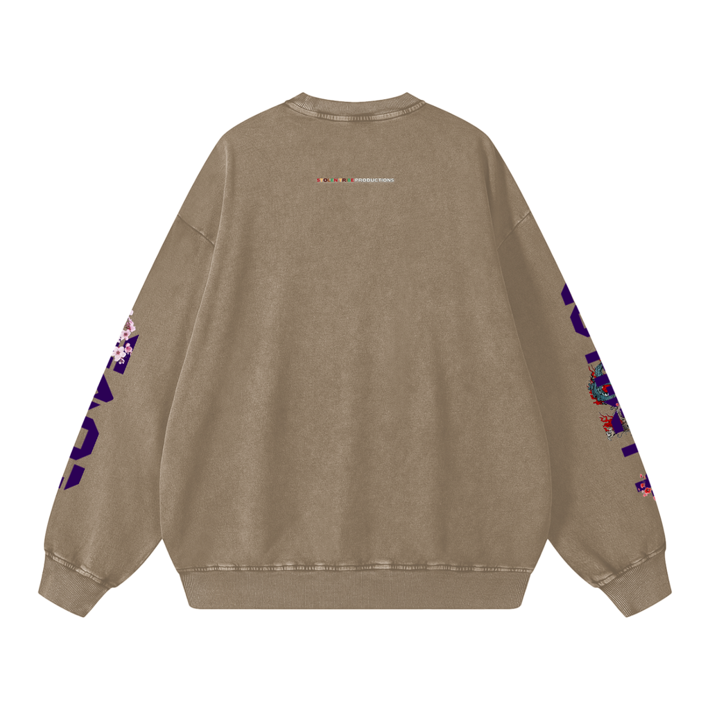 Beige sweatshirt with colorful designs on sleeves and back on a white background
