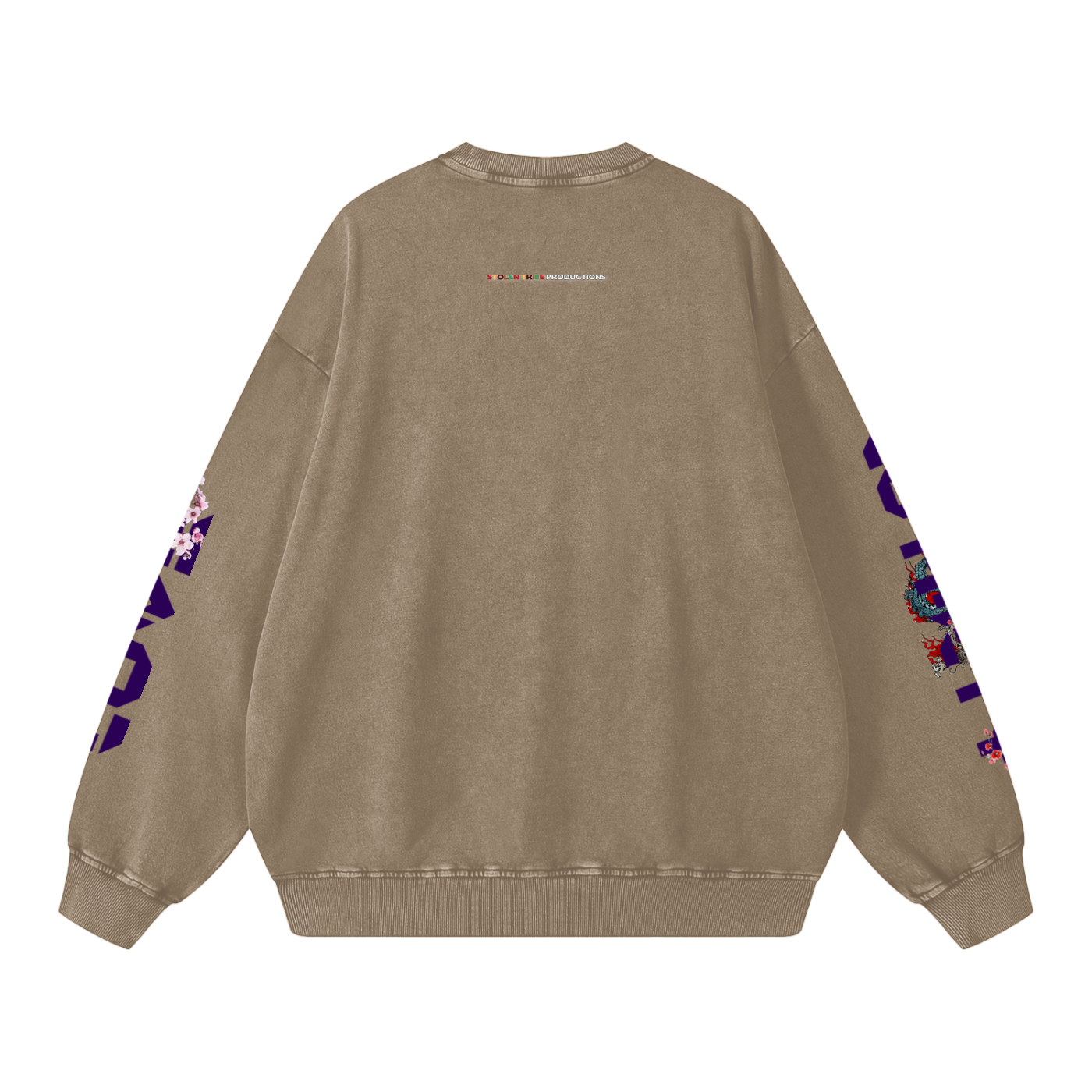 Beige sweatshirt with colorful designs on sleeves and back on a white background
