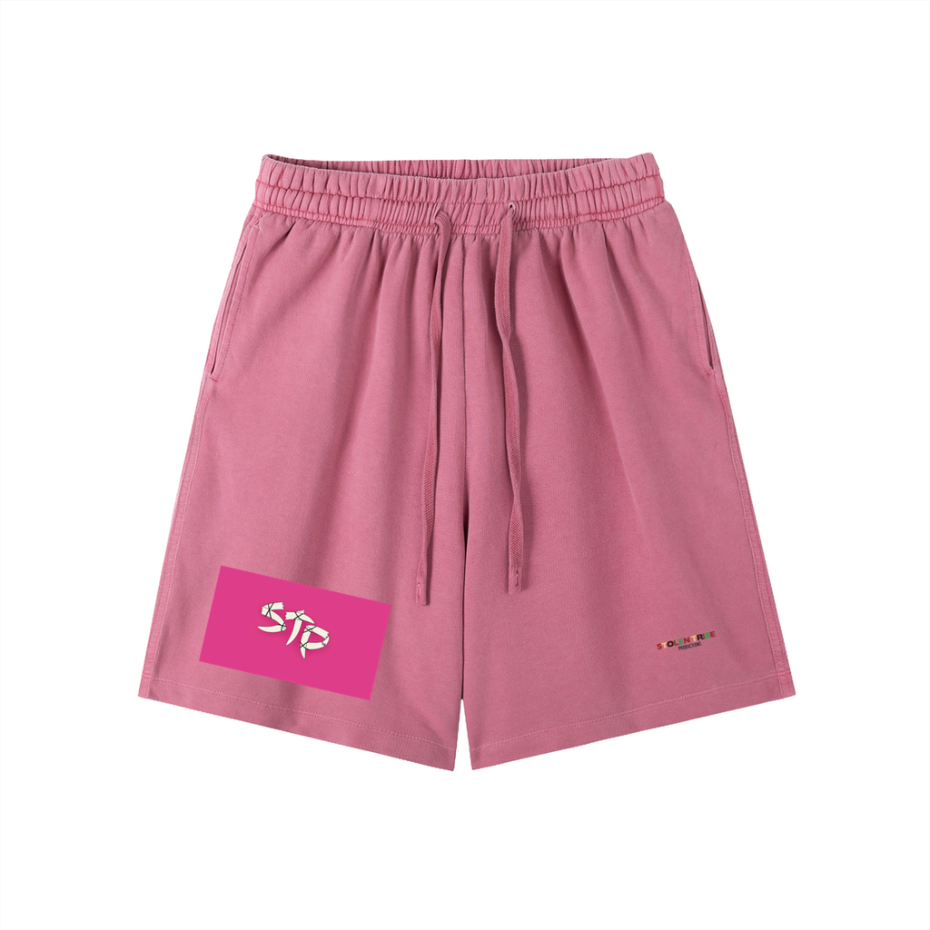 Pink shorts with a logo on a white background