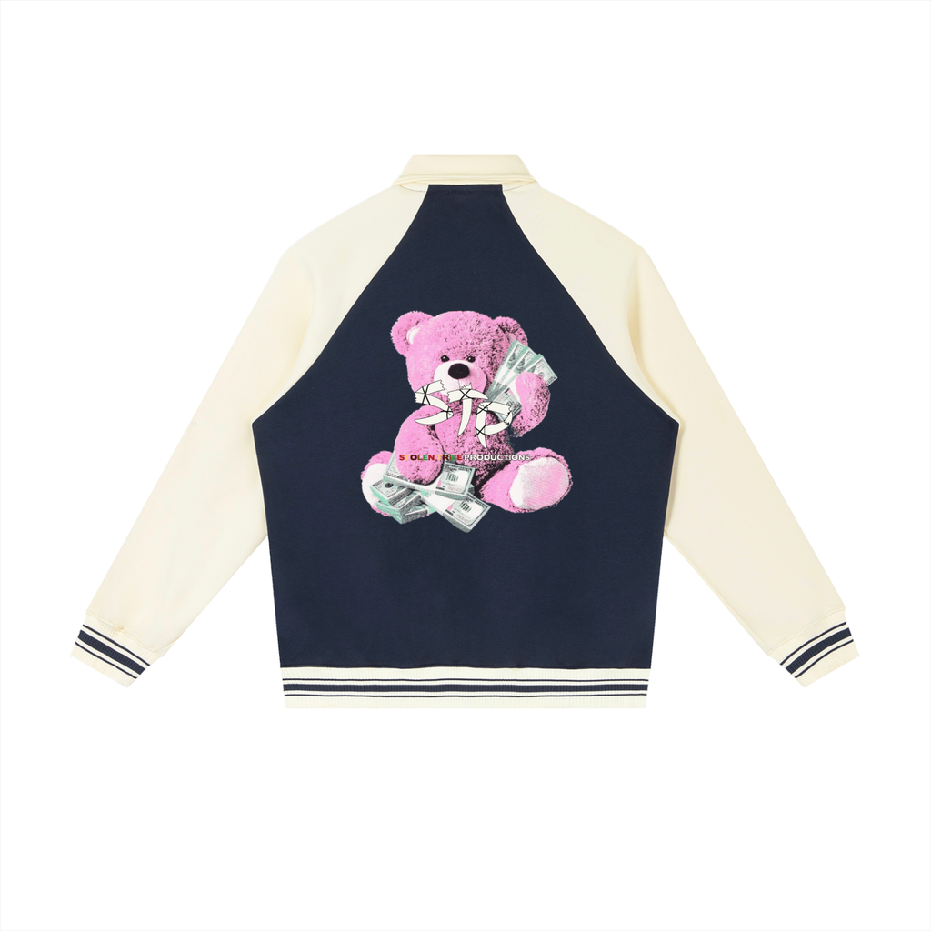 Navy and cream varsity jacket with teddy bear graphic on a white background