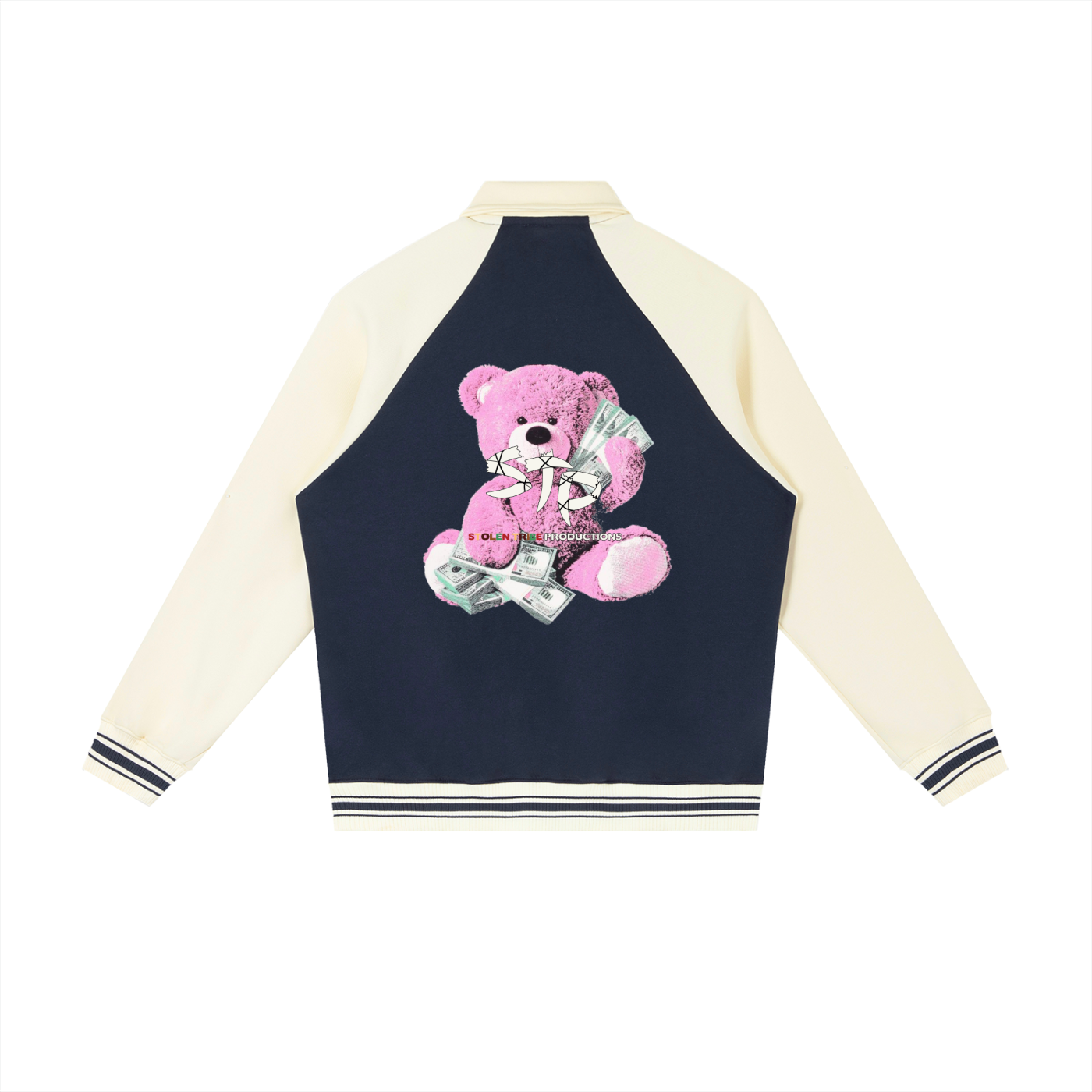 Navy and cream varsity jacket with teddy bear graphic on a white background