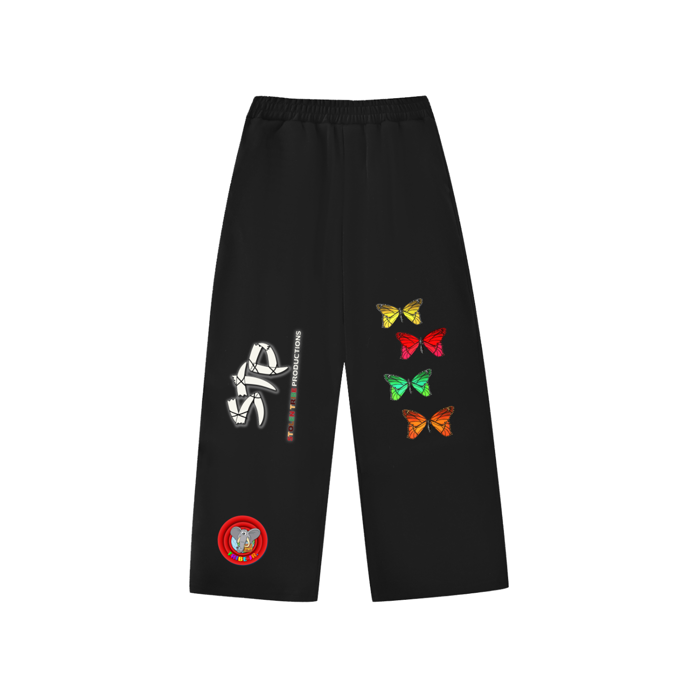 Black pants with colorful butterfly patches and logos on a white background