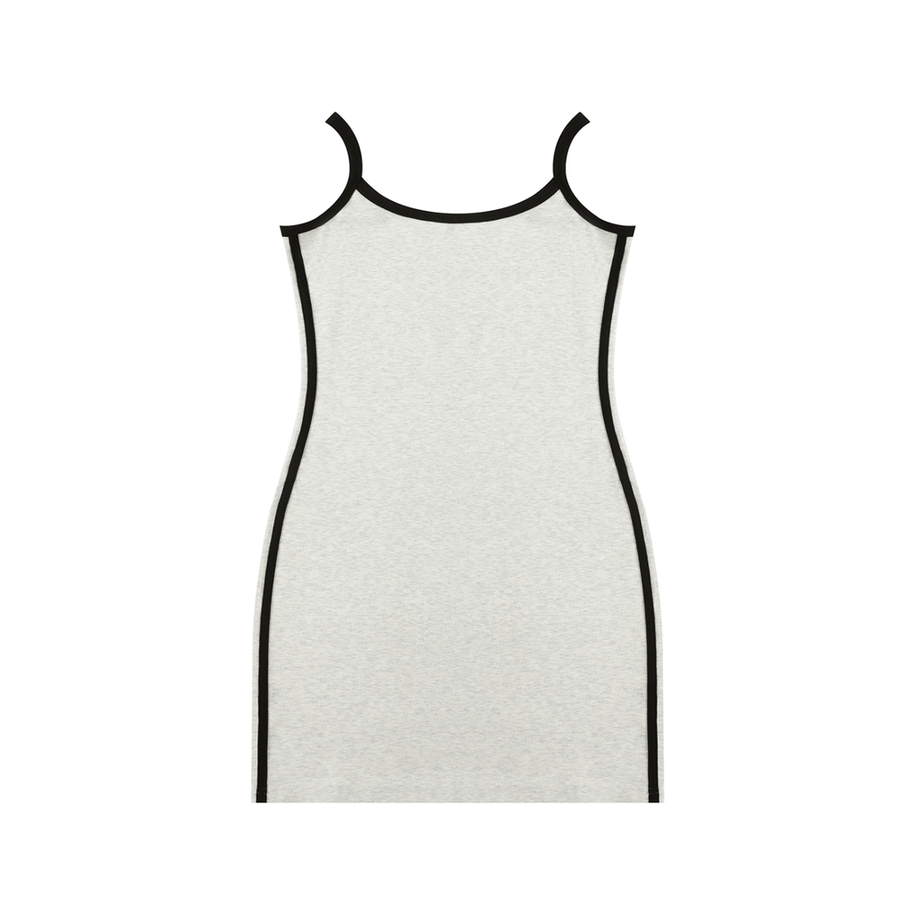 White dress with black trim on a white background