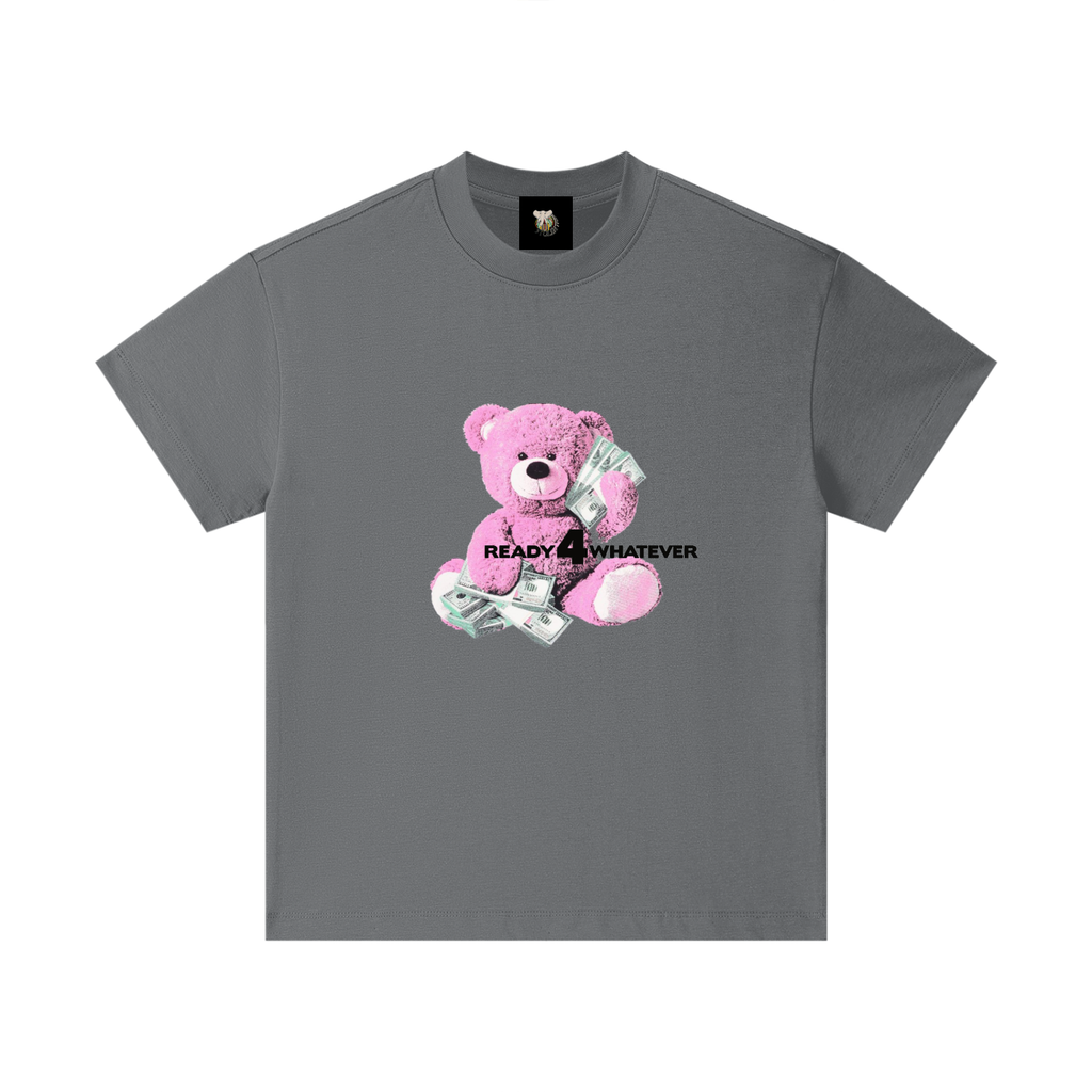 Gray t-shirt with a pink teddy bear holding money graphic and text on a white background