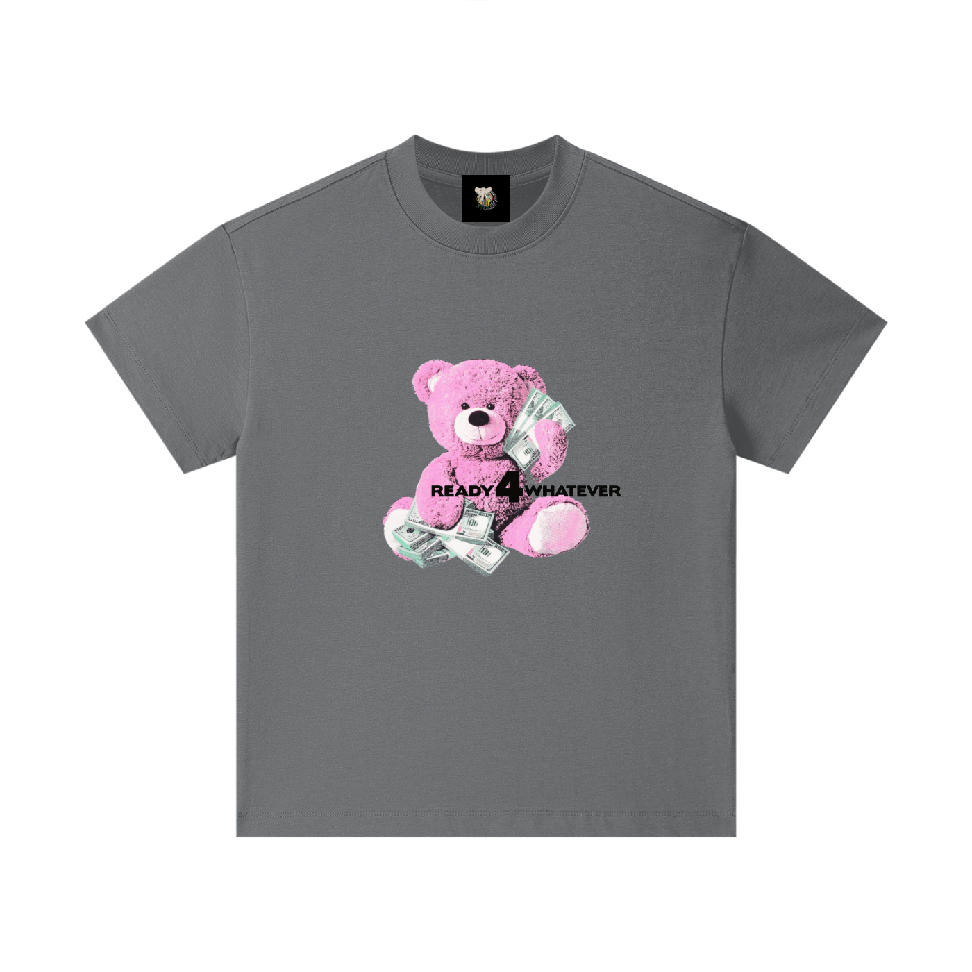 Gray t-shirt with a pink teddy bear holding money graphic and text on a white background