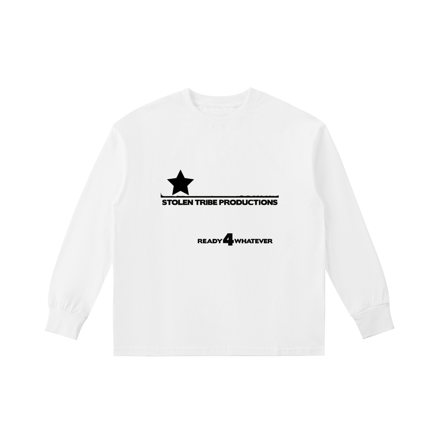 White long-sleeve shirt with black text and logo on a white background
