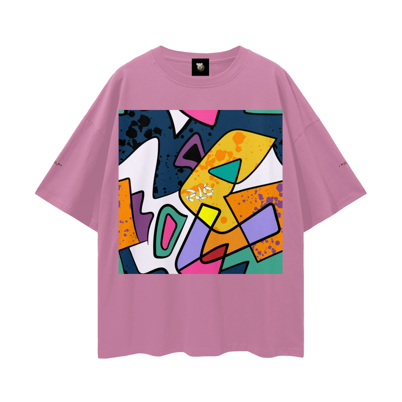 Pink t-shirt with a colorful abstract design on a white background