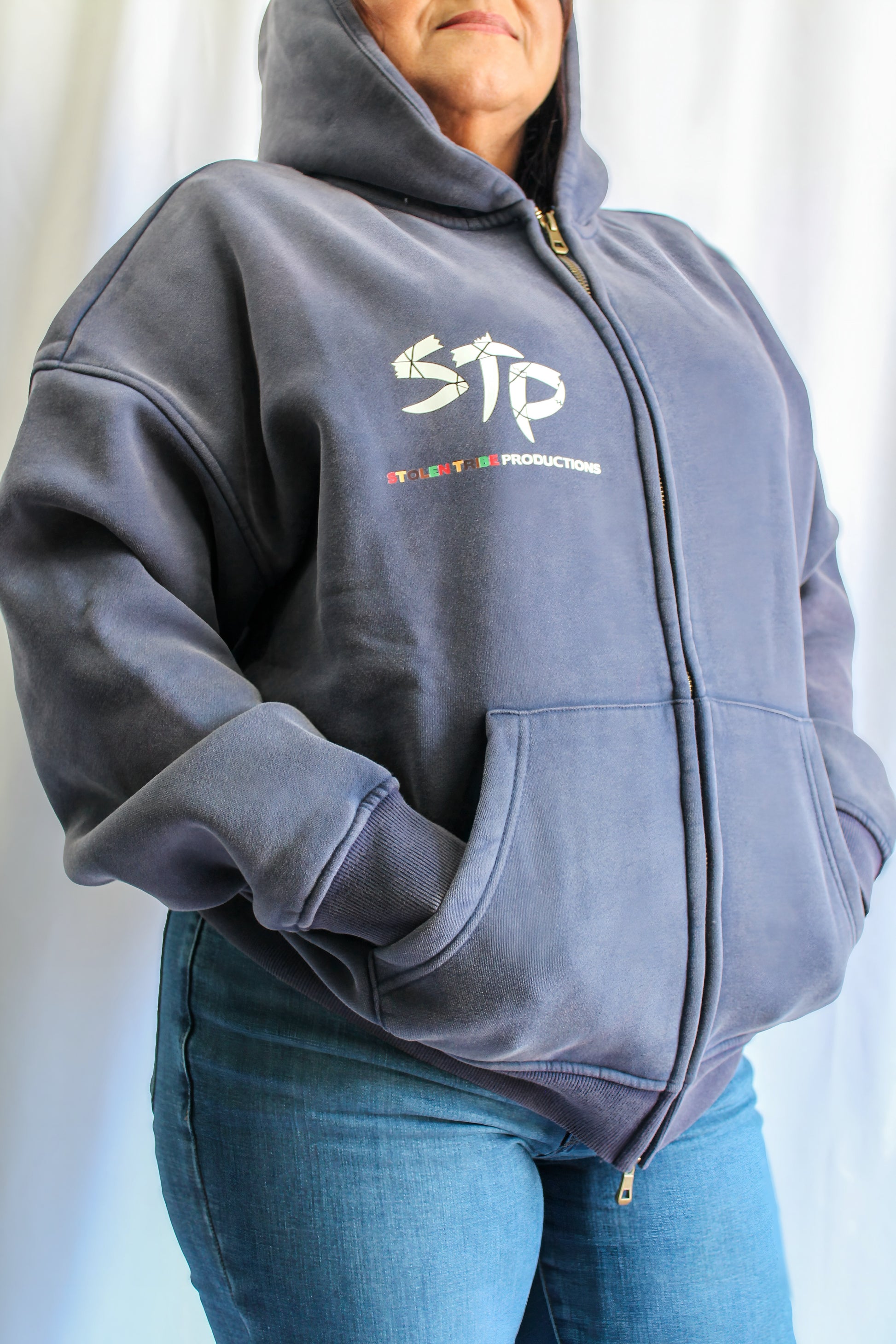 Snow Washed Zip-Through Us vs Them Fleece Hoodie