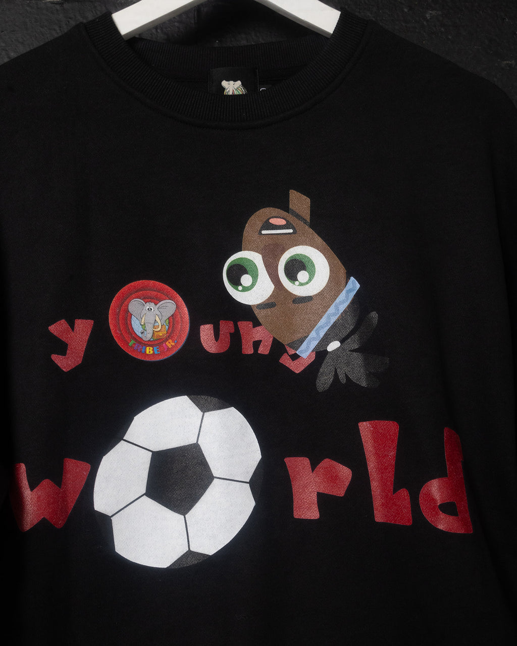 Black sweatshirt with cartoon character and text 'Young World' on a dark background