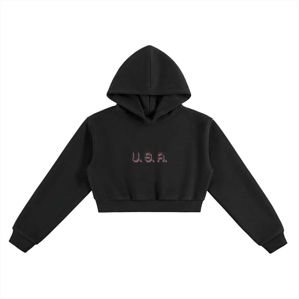 Black cropped hoodie with 'U.S.A.' text on a white background