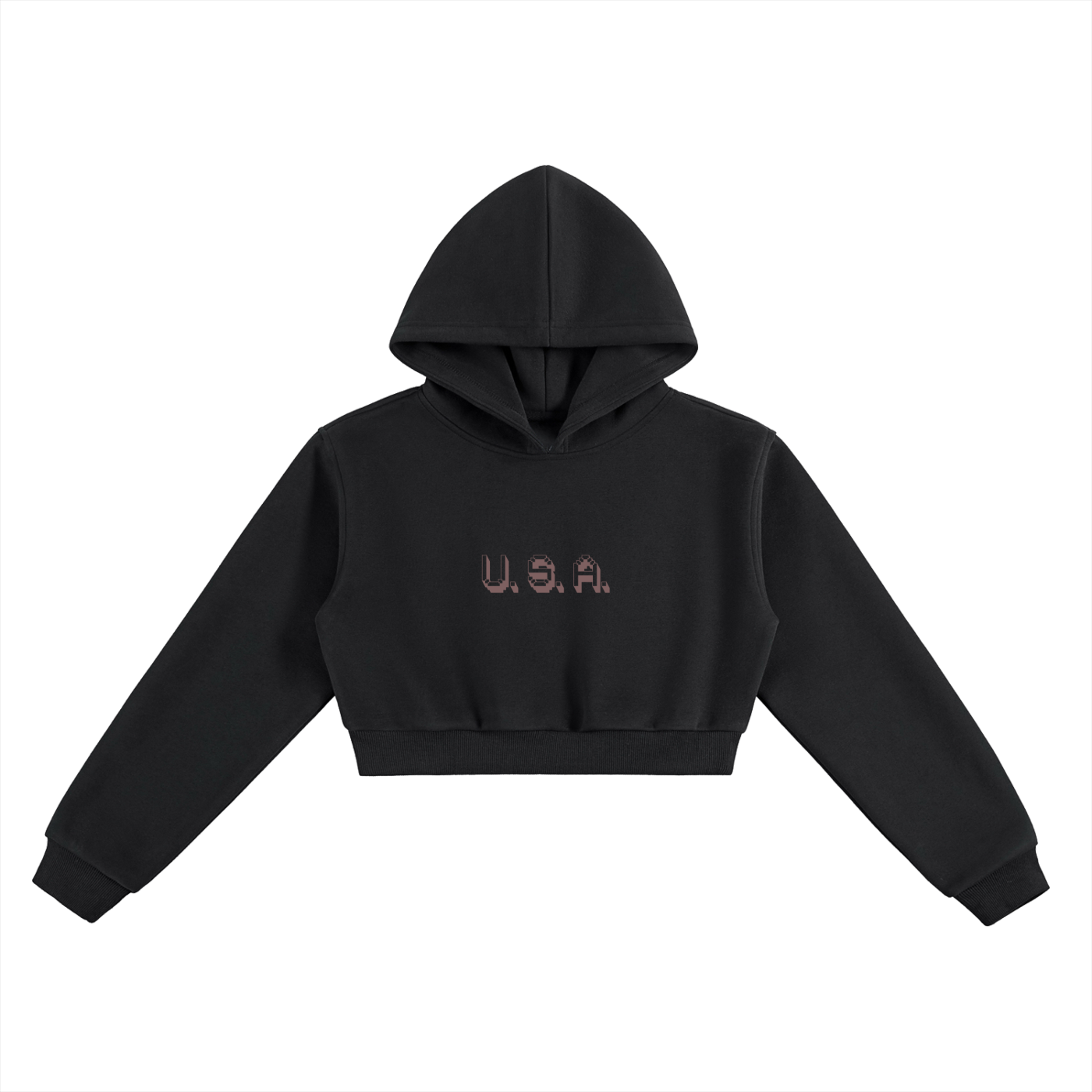 Black cropped hoodie with 'U.S.A.' text on a white background