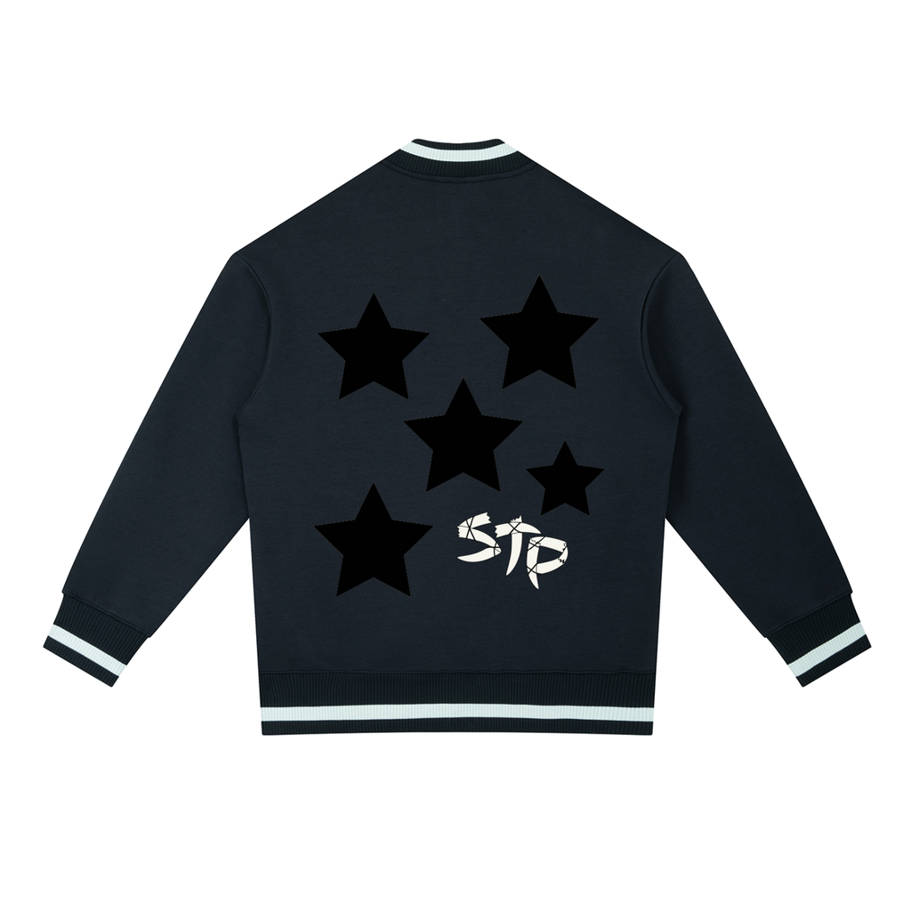 Black jacket with star designs on the back against a white background