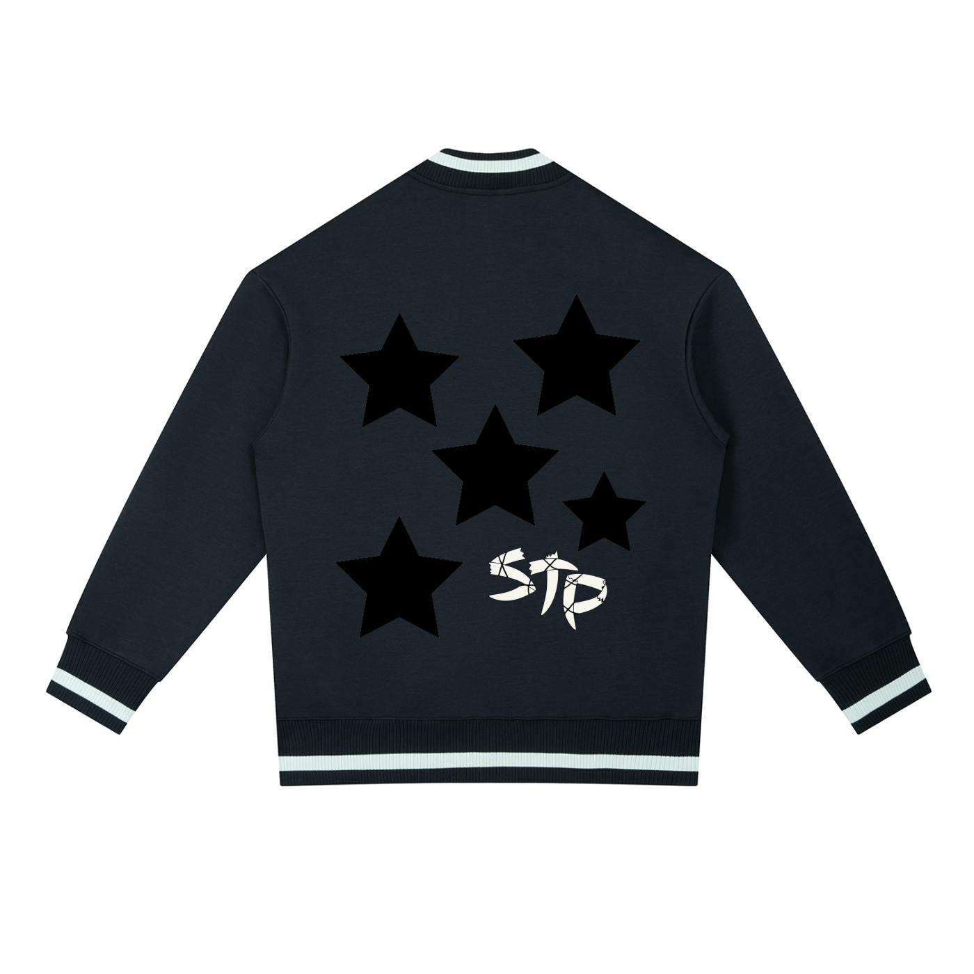 Black jacket with star designs on the back against a white background