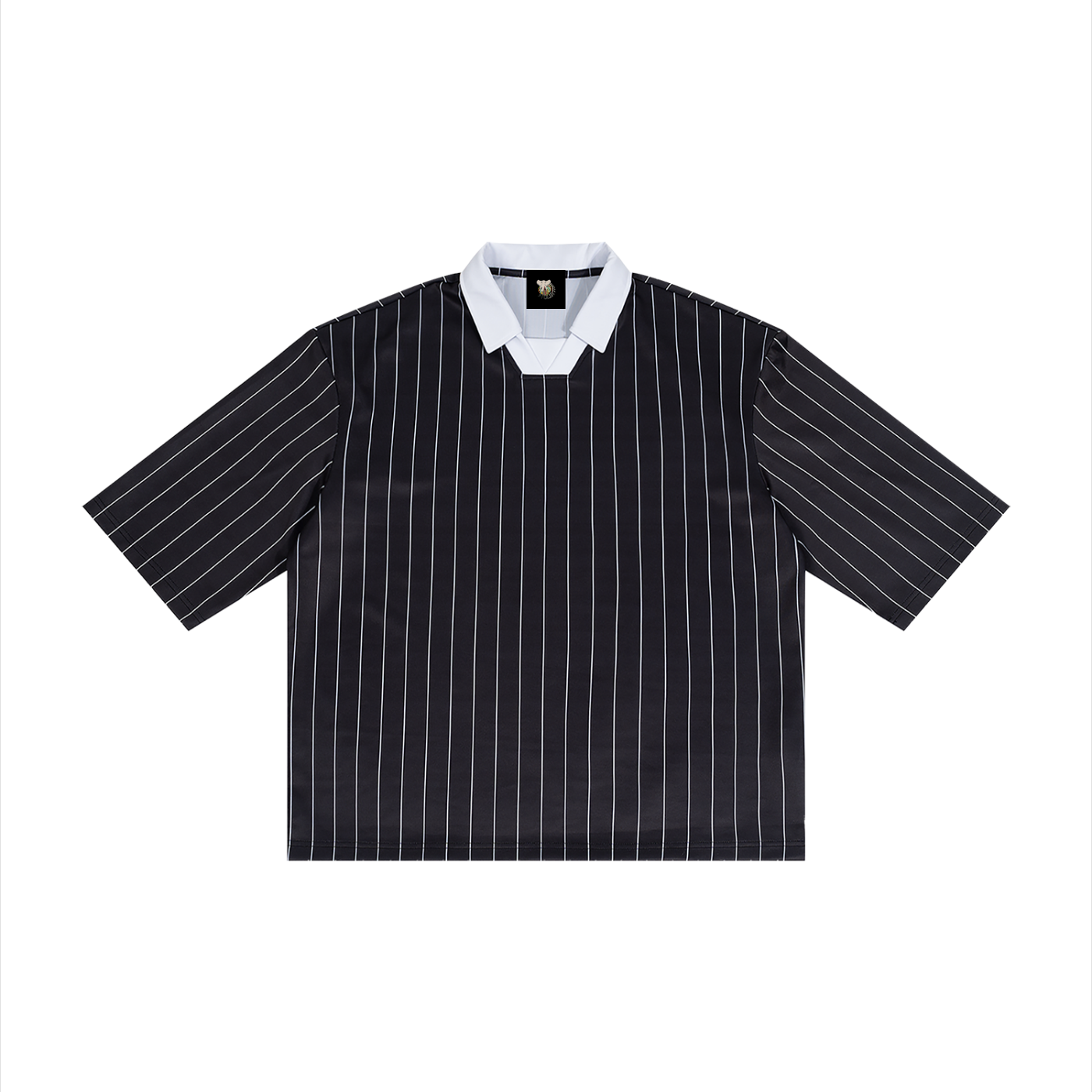 Black pinstripe shirt with white collar on a white background