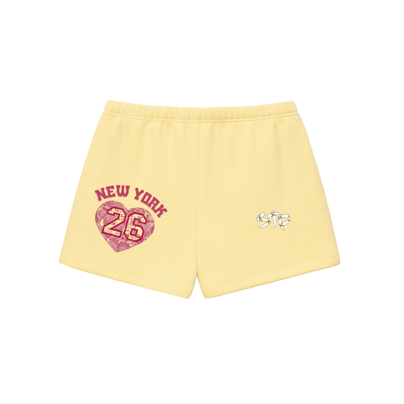 Yellow shorts with 'New York 26' design on a white background
