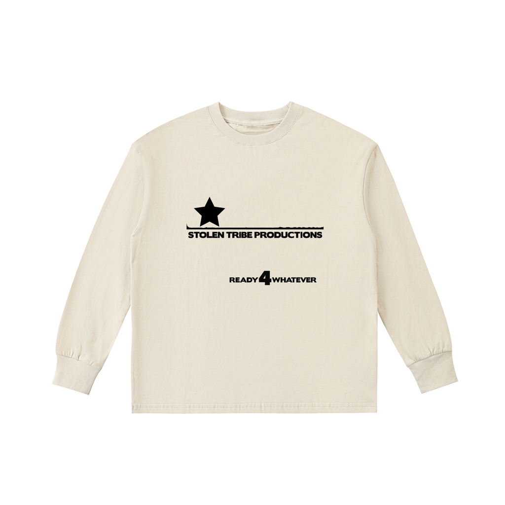 Beige sweatshirt with black logo and text on a white background