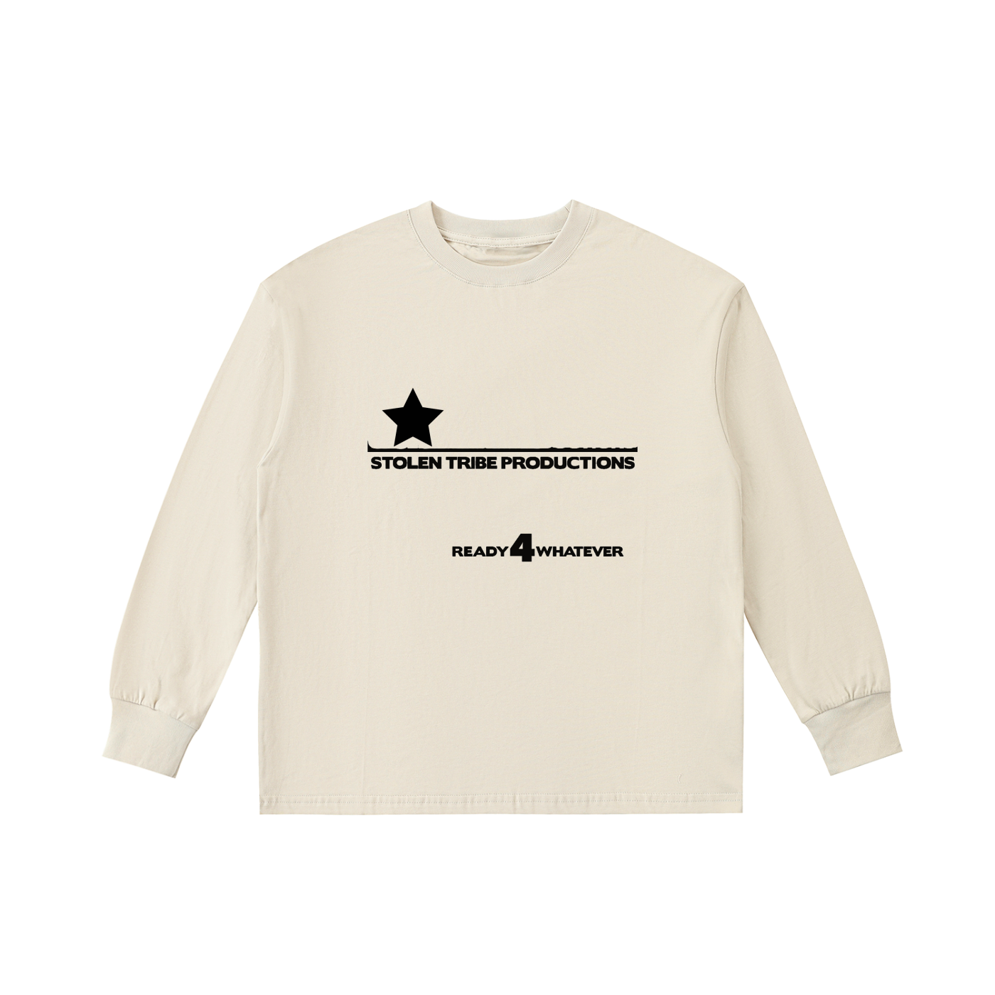 Beige sweatshirt with black logo and text on a white background