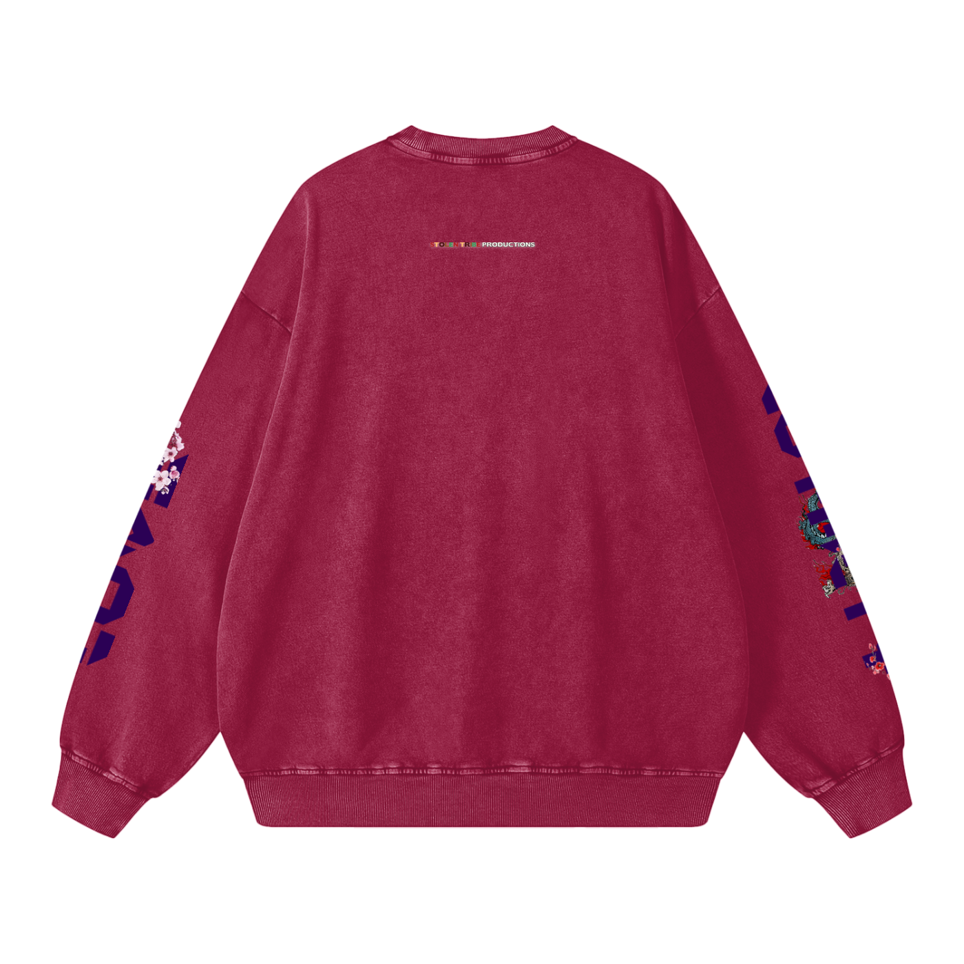 Red sweatshirt with floral designs on sleeves against a white background
