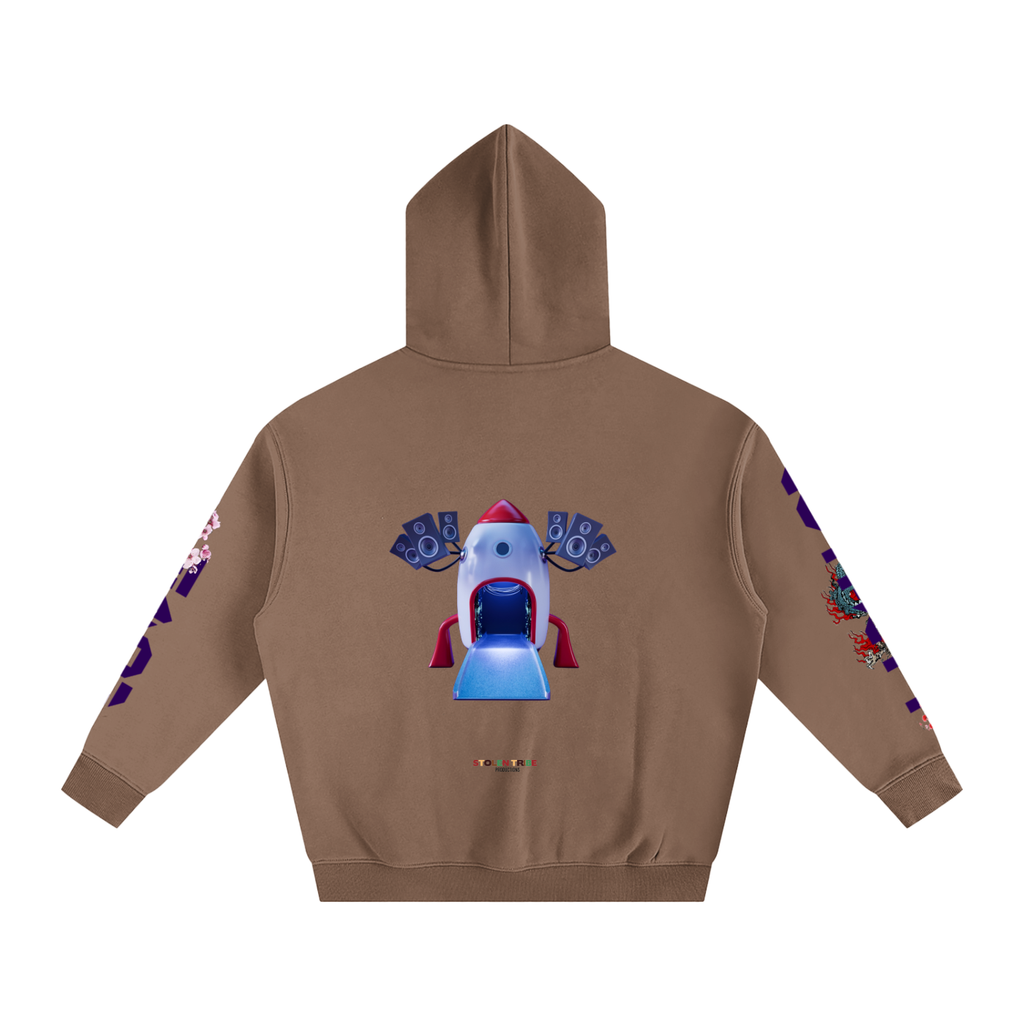 Brown hoodie with colorful graphic on the back on a white background