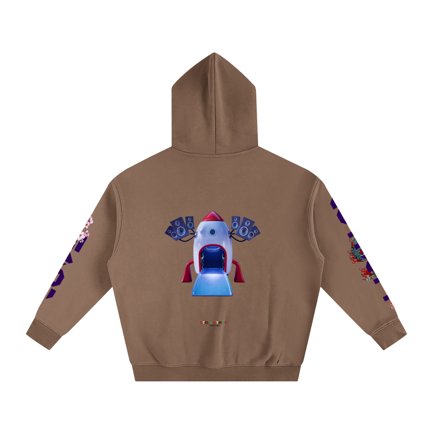 Brown hoodie with colorful graphic on the back on a white background