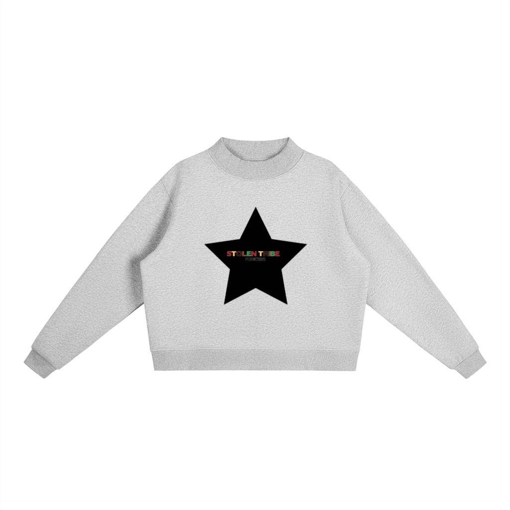 Gray sweatshirt with a black star design on a white background