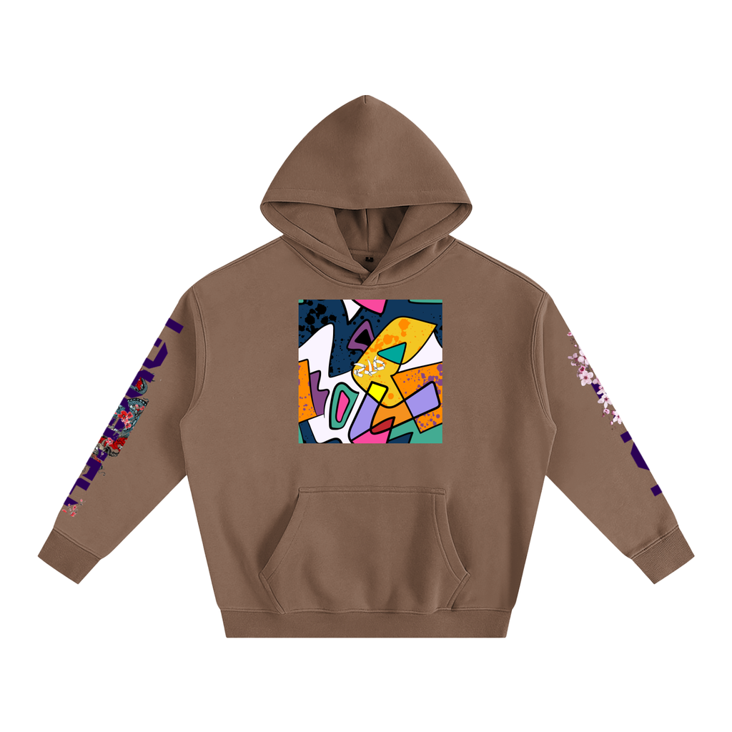 Brown hoodie with colorful abstract design on a white background