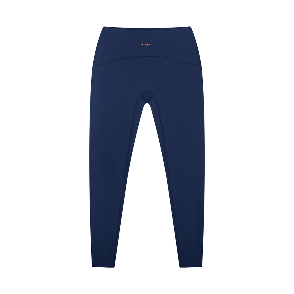 Navy blue leggings with a brand logo on a white background