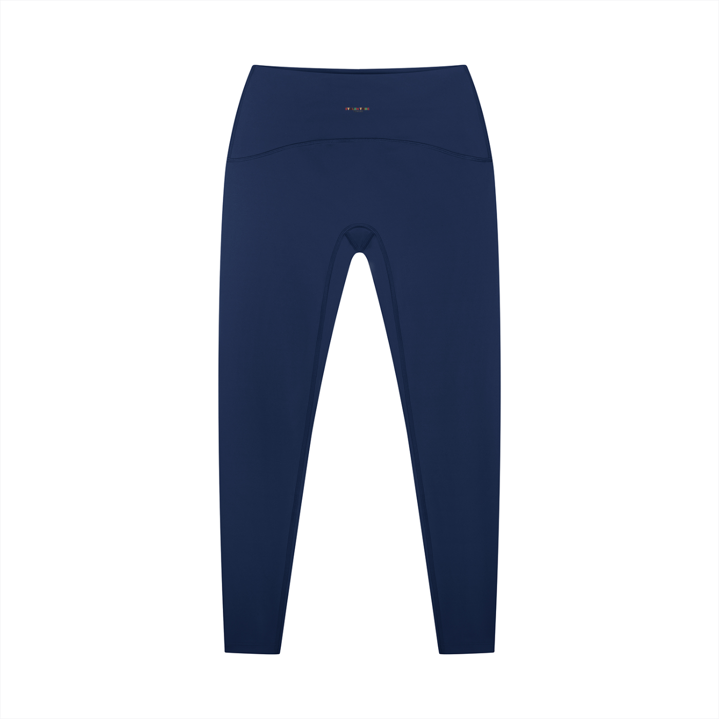Navy blue leggings with a brand logo on a white background