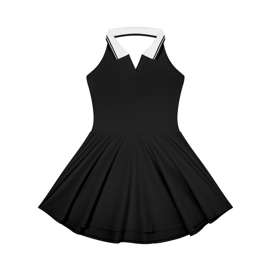 Black dress with white collar on a white background