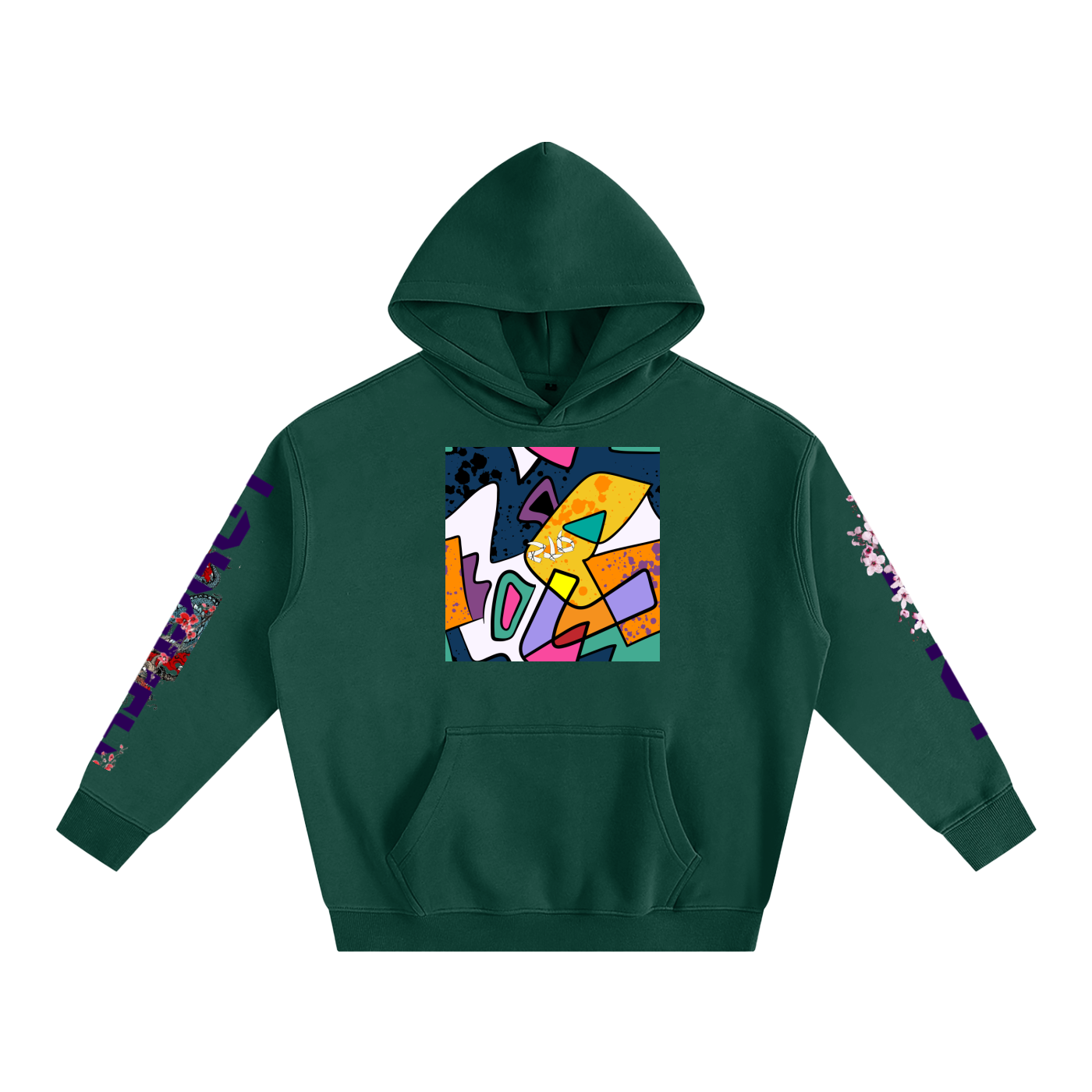 Green hoodie with colorful geometric design on a white background
