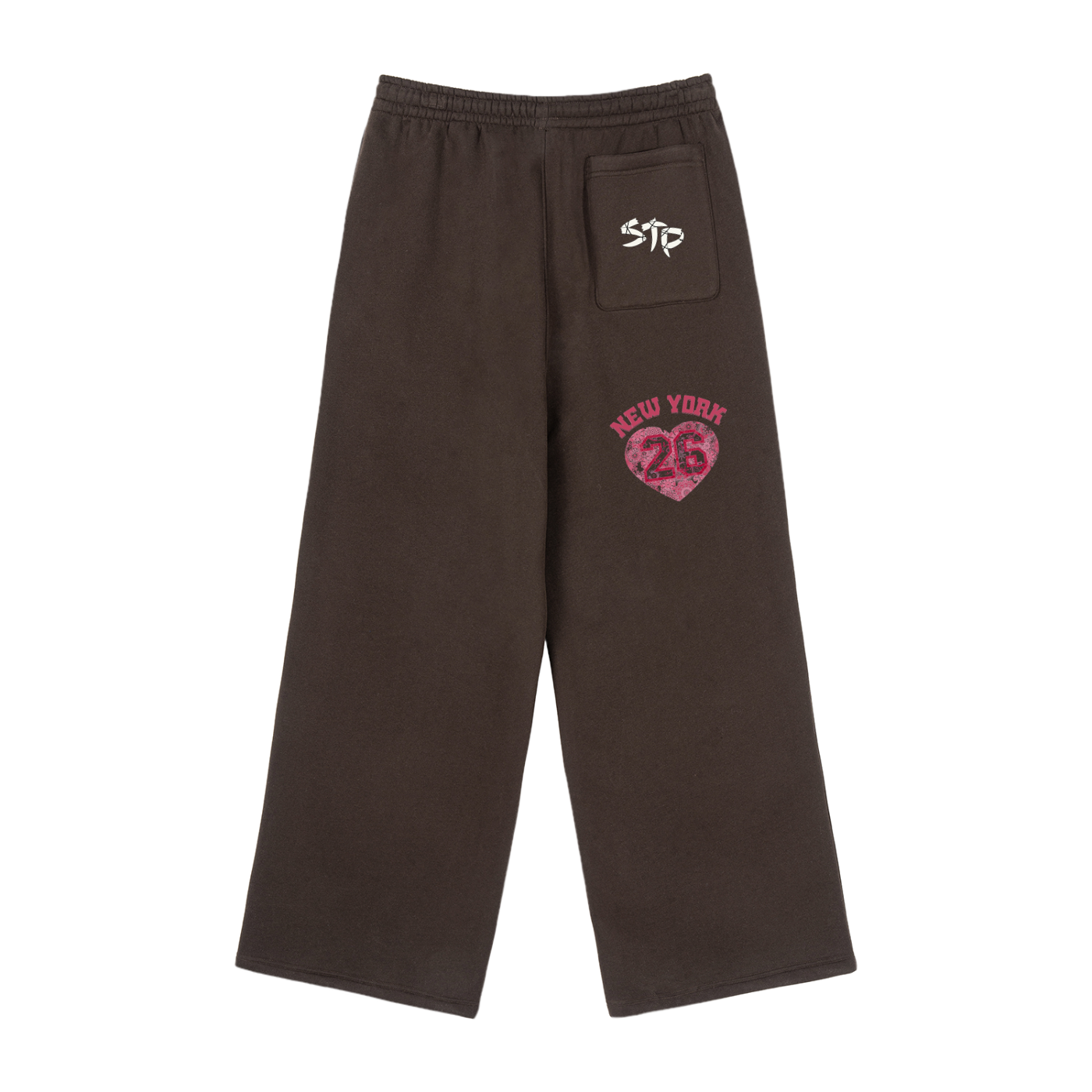 Brown sweatpants with a logo on the pocket and 'New York 26' on the leg, on a white background.