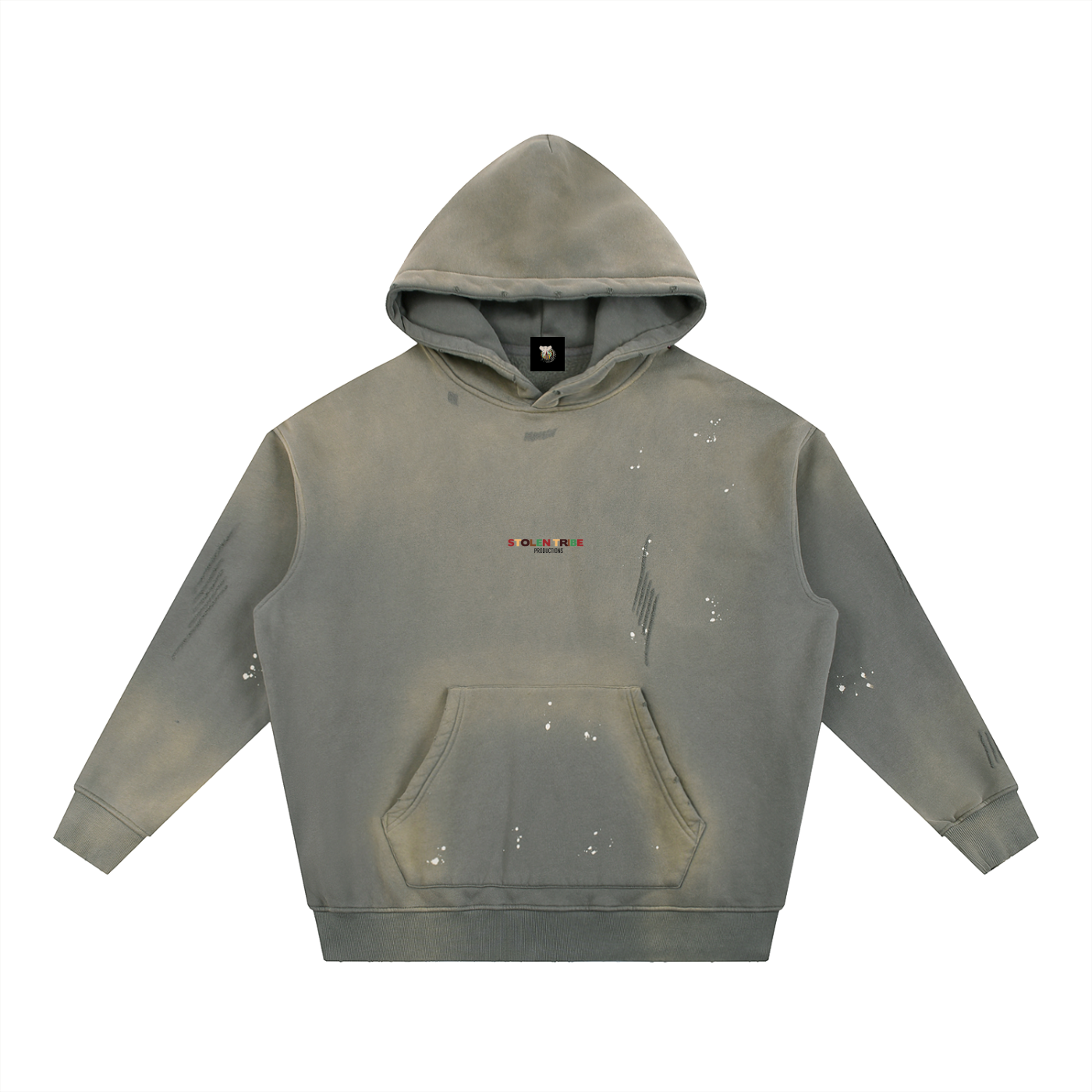 Gray hoodie with splatter design on a white background