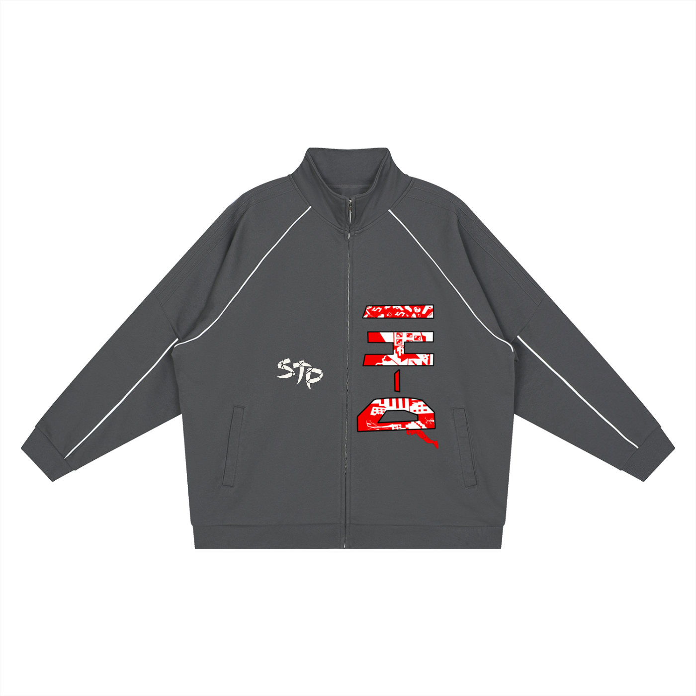 Gray jacket with red and white logo on a white background