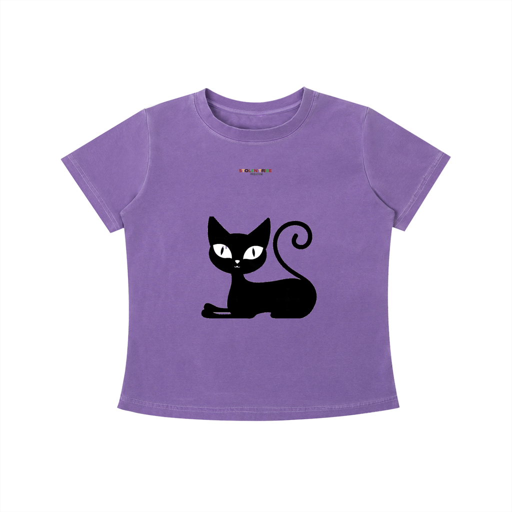 Purple t-shirt with a black cat graphic on a white background