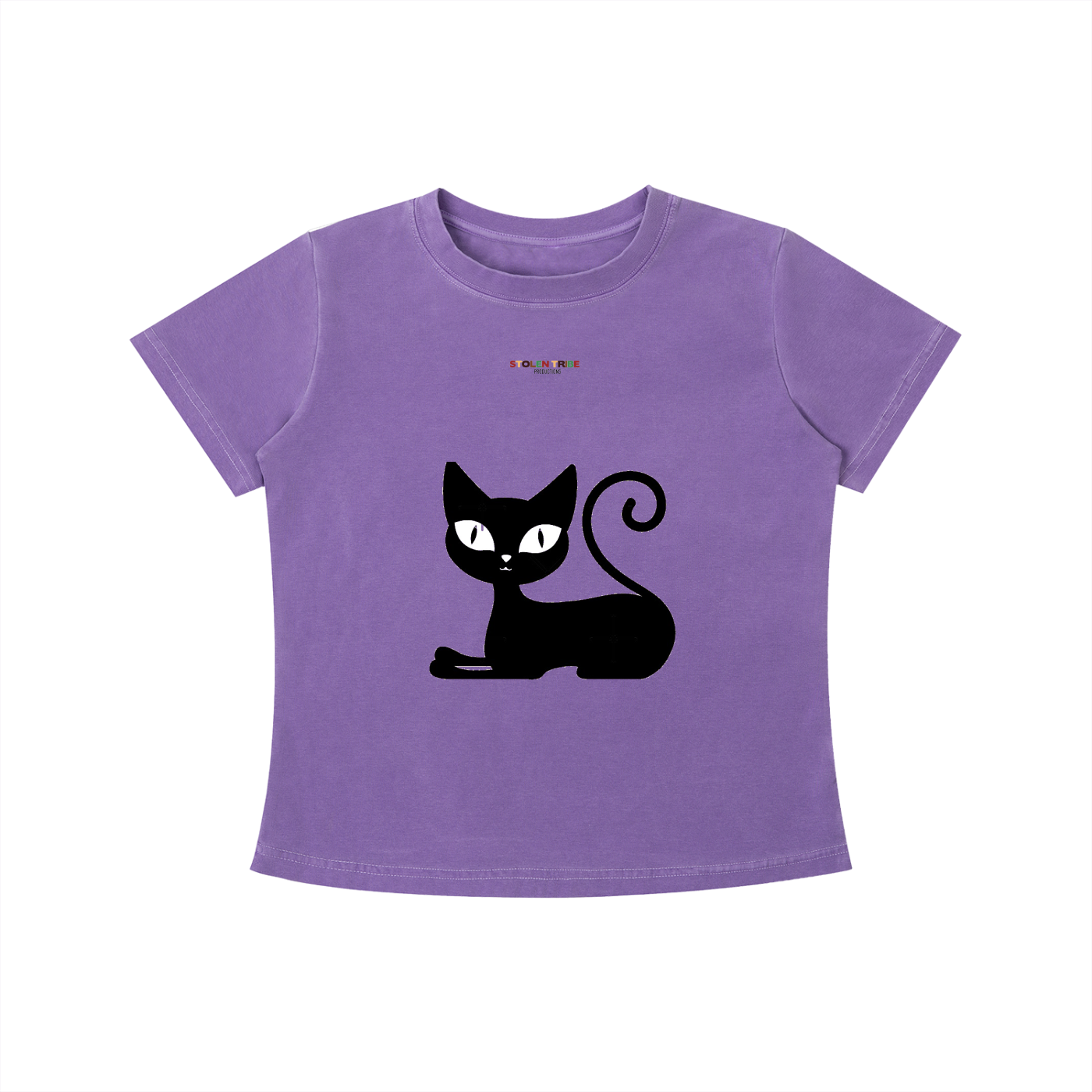 Purple t-shirt with a black cat graphic on a white background