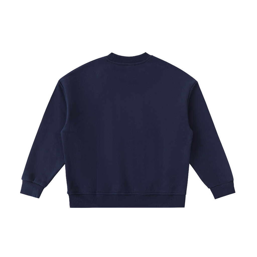 Navy blue sweatshirt with text on a white background