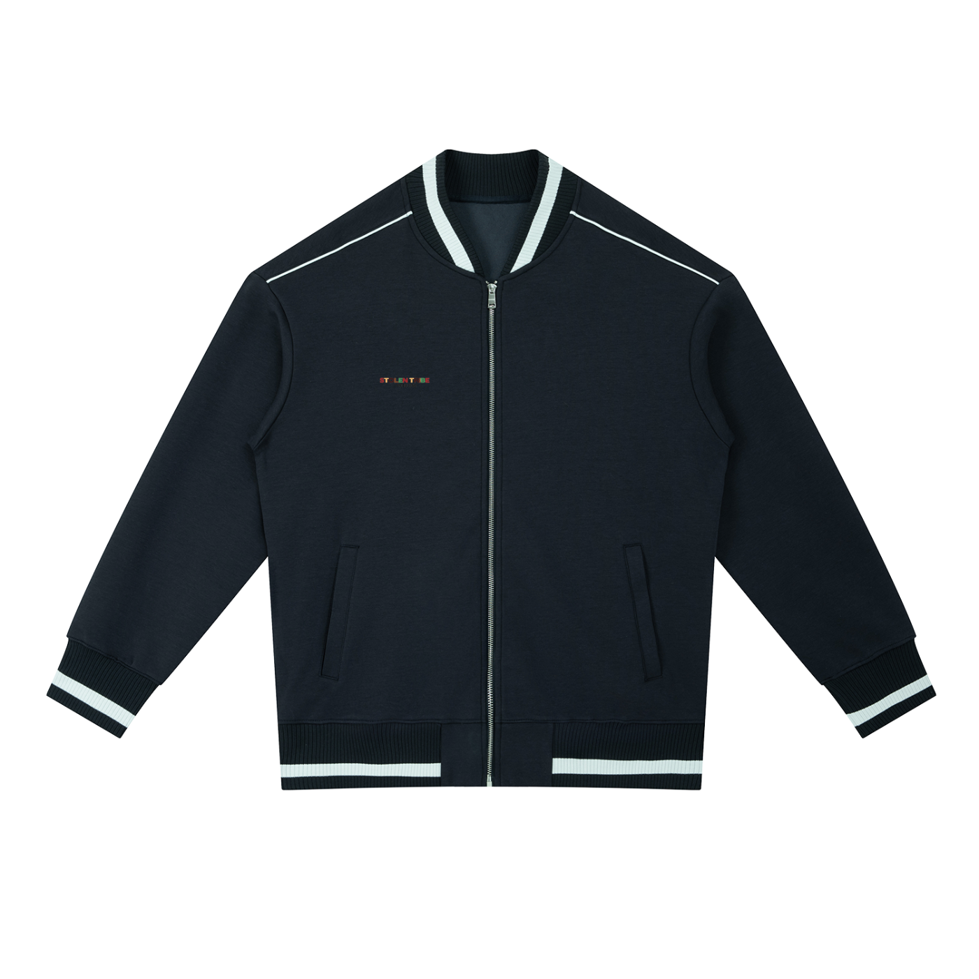 Black jacket with white trim on a white background