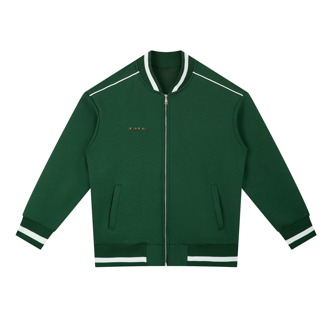 Green jacket with white accents on a white background