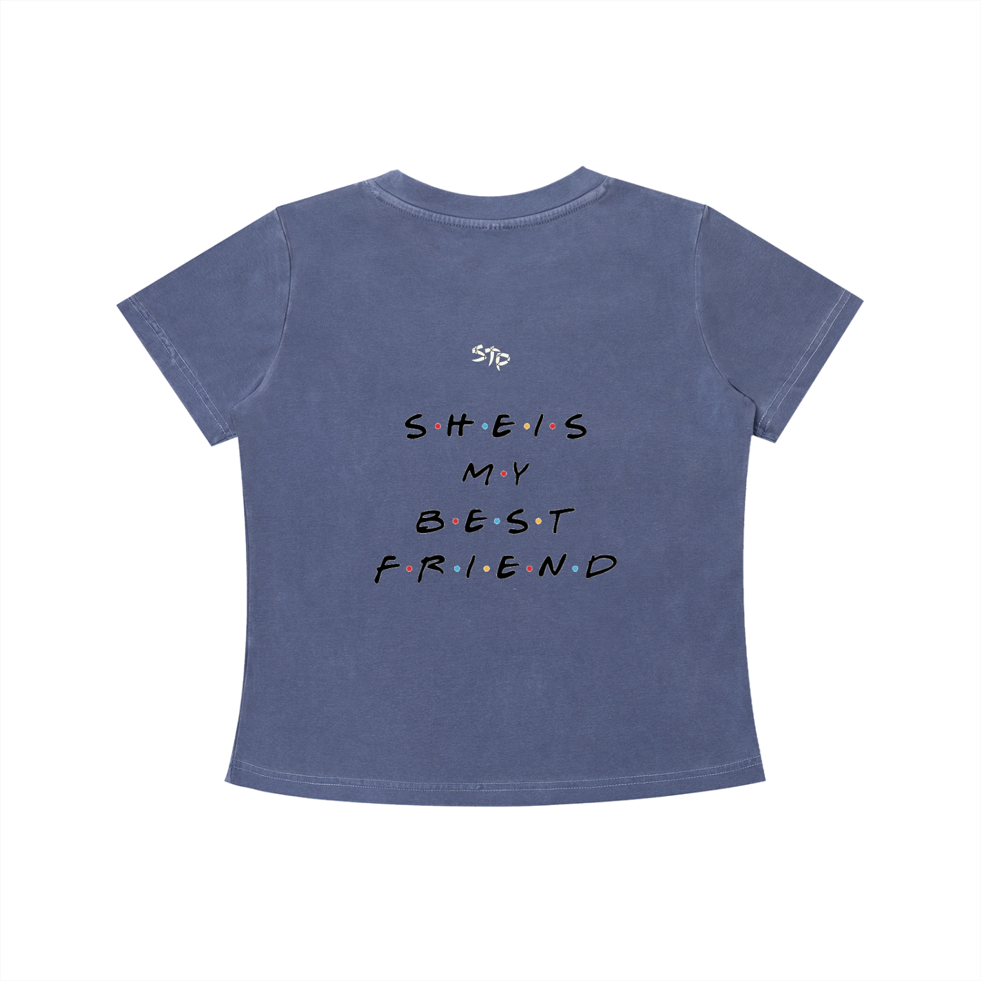 Blue t-shirt with text on a white background