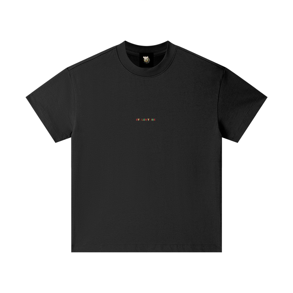 Black t-shirt with a Stolen Tribe Productions brand logo on a white background